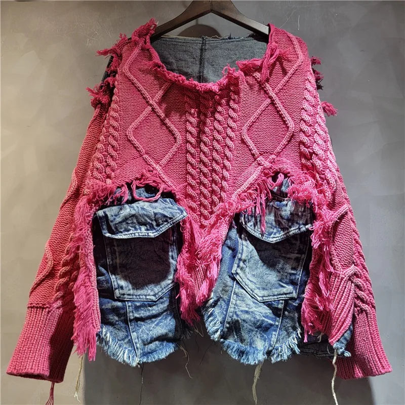 DEAT Women Pullover Long Sleeve Irregular Do Old Patchwork Pockets Vintage Washed Denim Sweater 2026 Summer New Fashion 29L8195