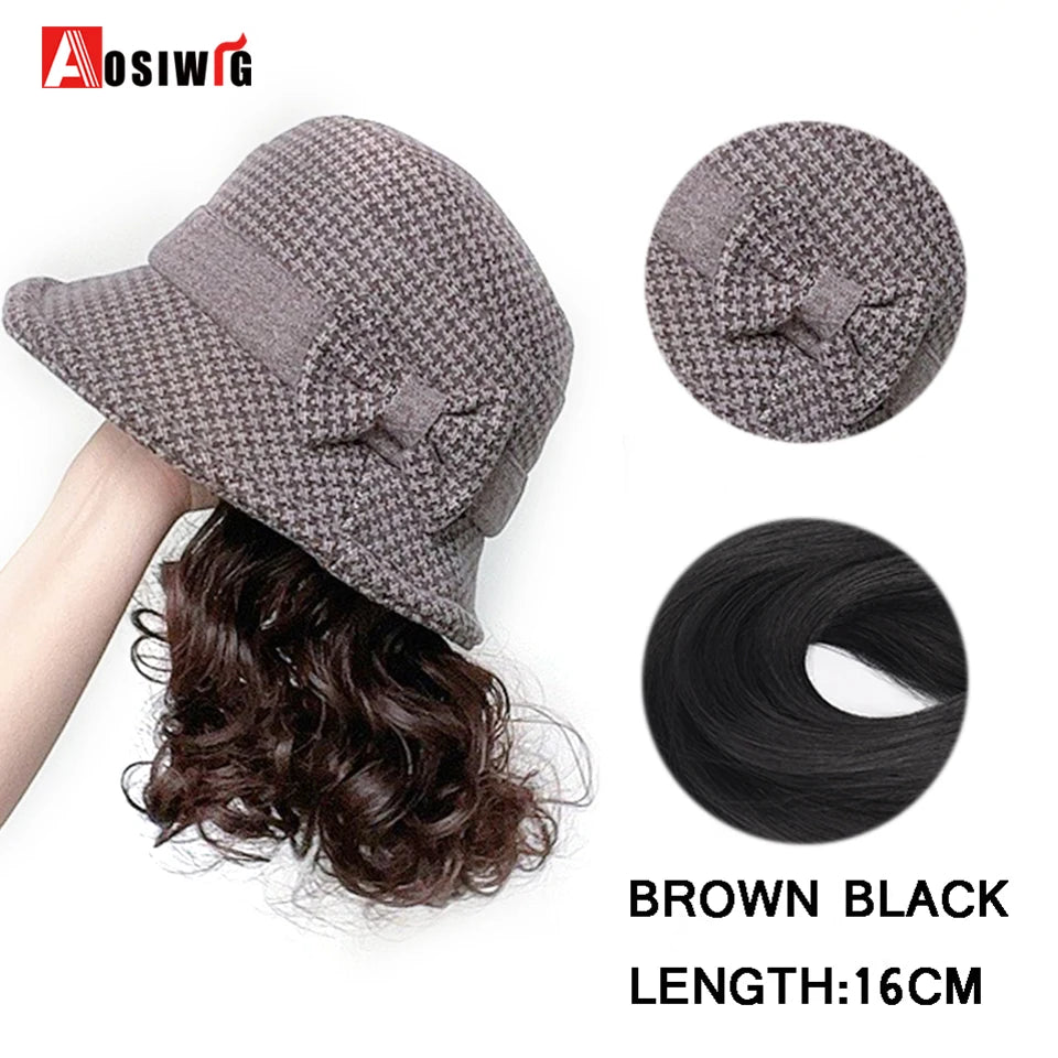 Hat Wig Synthetic Short Curly Wavy Hair Wigs With Hat Fisherman's Cap Wig Hair Extension Black Brown Wig Cap