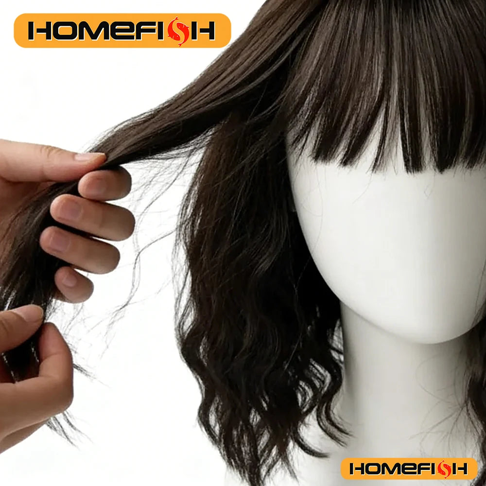 Natural Brown Wavy Bob Wig - Synthetic Curls with Bangs, Versatile Daily Hairstyle for Women