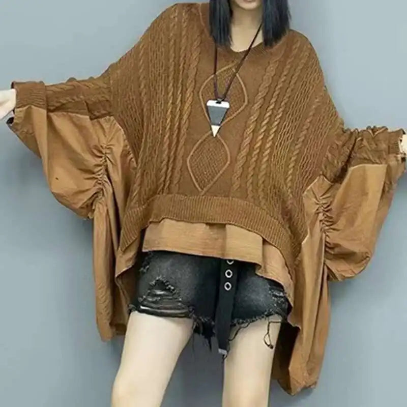 DEAT 2024 Autumn New Fashion Women's Twists Knitting Spliced Sweater Loose Bat Sleeve V-neck Long Pullovers Female 33A1448