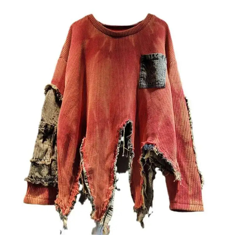 DEAT Fashion Women's Irregular Design Contrast Color Pullovers Loose O-neck Long Sleeve Sweater Female 2024 Autumn New 29L8194