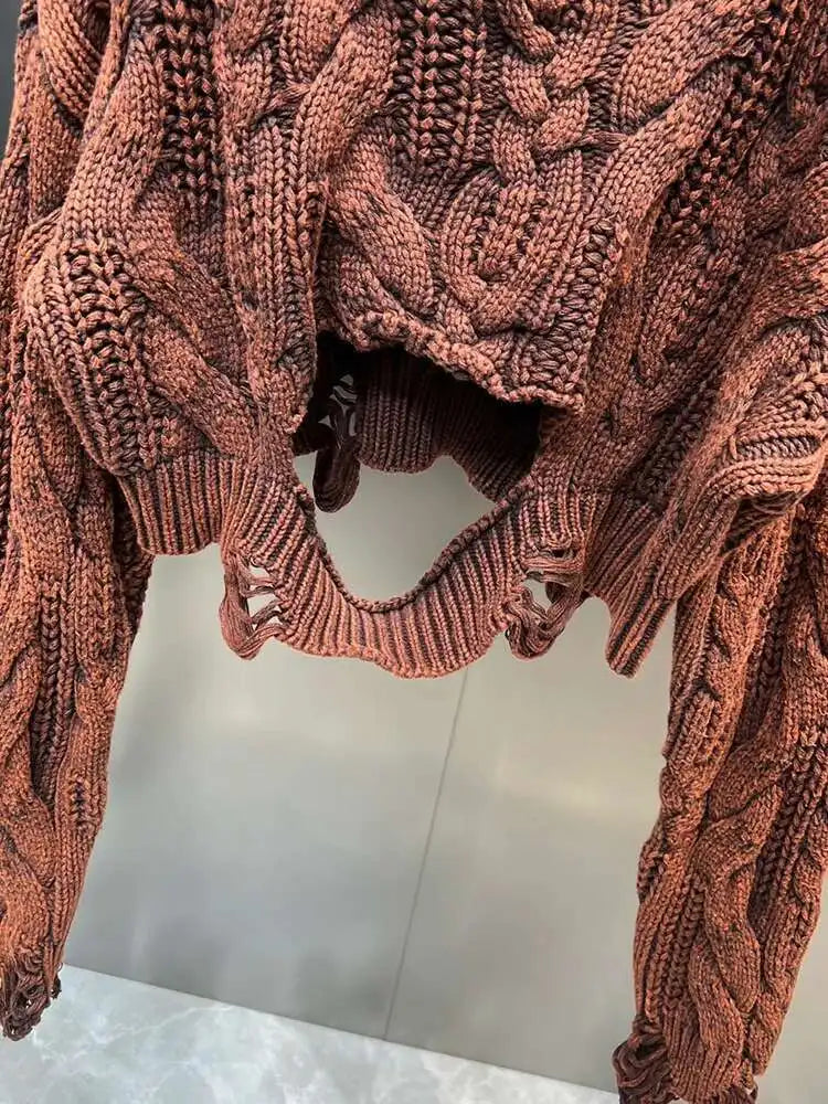 DEAT 2025 Spring Women's Knit Sweater Hollow Out Wash Hole Loose High Street Round Neck Long Sleeve Pattern Pullover 11XX6062