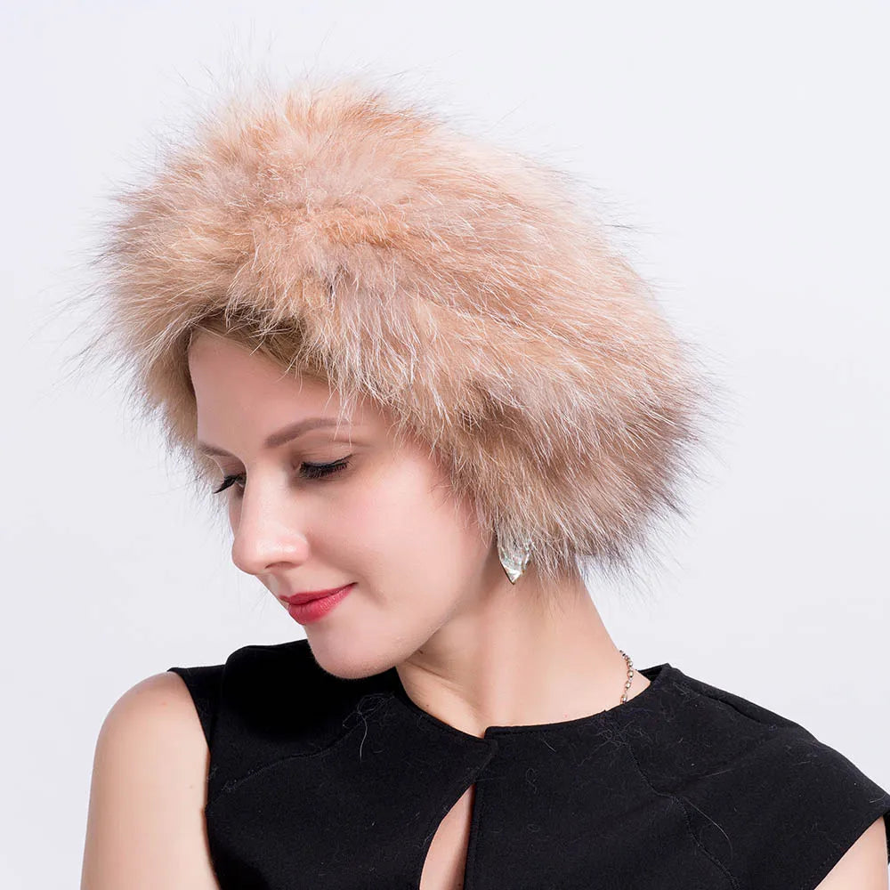 MS.MinShu-Hand Made Knitted Elastic Headband for Women, Genuine Fox Fur, Head Warmer, Neck Ring, Winter