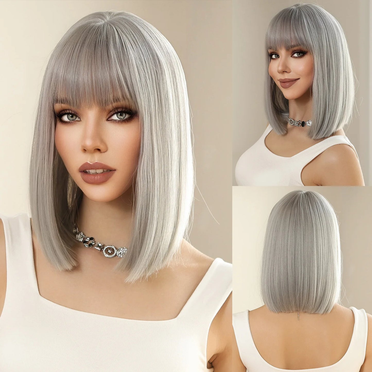 Platinum Blonde Short Curly Bob Glueless Synthetic Wig with Bangs - Lolita/Cosplay Ready