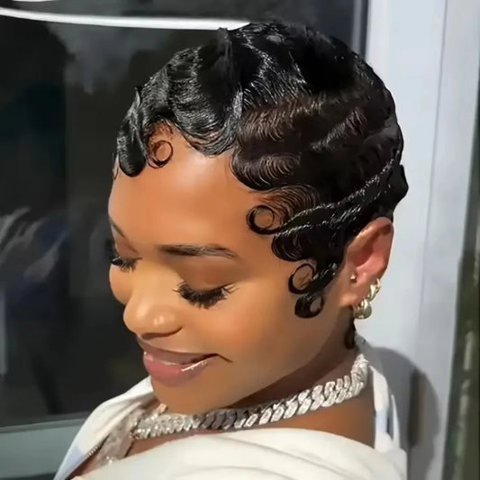 Short Finger Wave Wig for Women Black Pixie Cut Wigs Glueless 100% Human Hair Mommy Wigs Pixie Short Layered Ocean Waves Wig