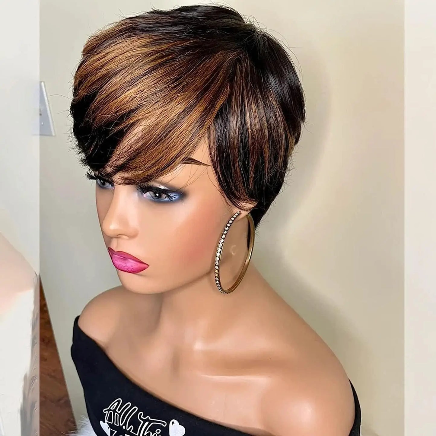 WIGERA Highlight Synthetic Short Straight Pixie Cut Hair Bob Wig Ombre Honey  Light Bronw Mix Black Layered Hair Wigs For Woman