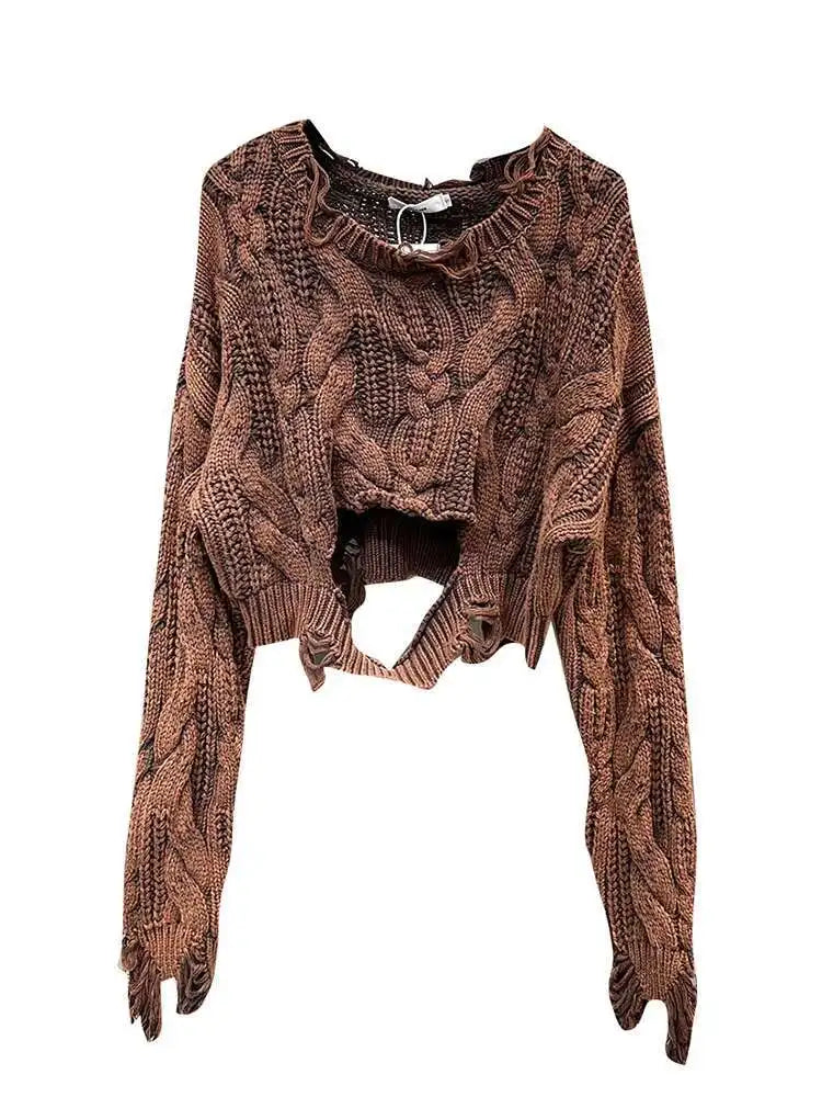 DEAT 2025 Spring Women's Knit Sweater Hollow Out Wash Hole Loose High Street Round Neck Long Sleeve Pattern Pullover 11XX6062