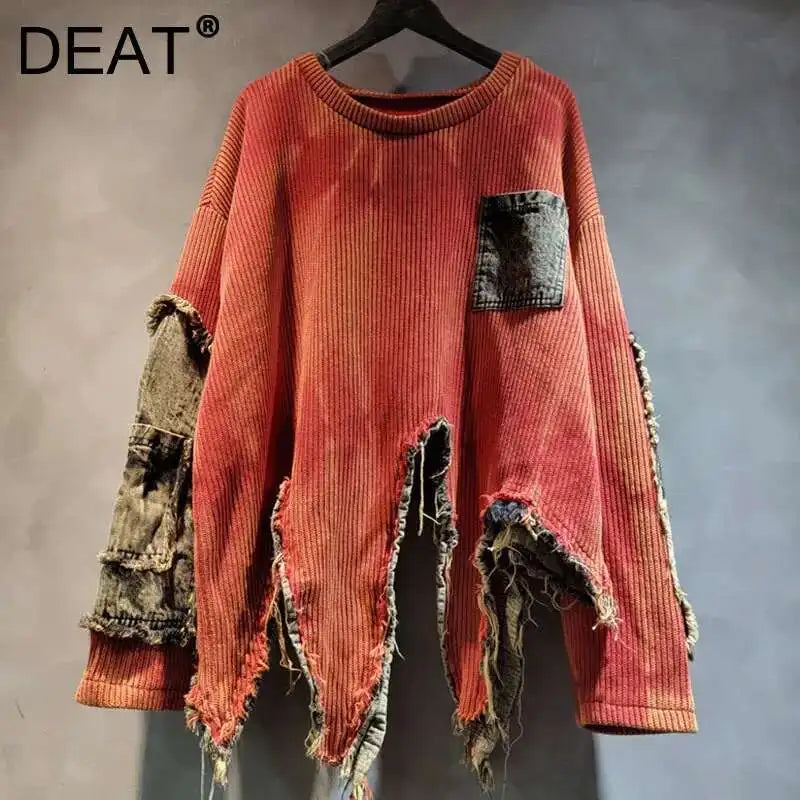 DEAT Fashion Women's Irregular Design Contrast Color Pullovers Loose O-neck Long Sleeve Sweater Female 2024 Autumn New 29L8194