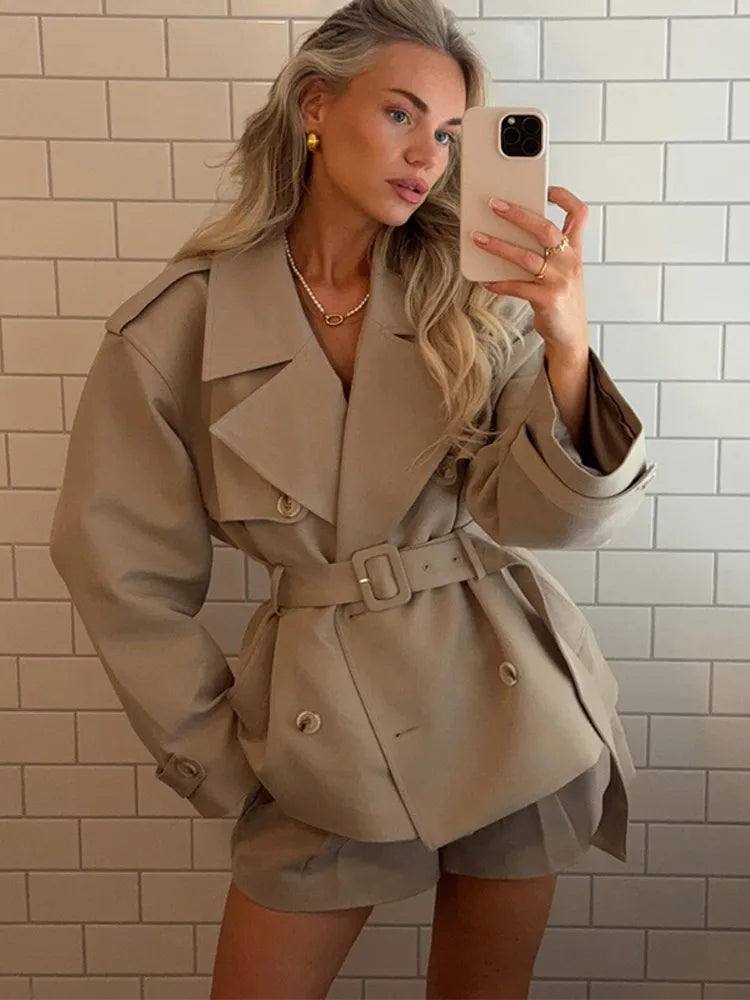 Trench Coat For Woman Outwear Lapel Windbreaker Mini Pants Lace Up Belt Jackets High Street Casual Tops Chic Women Fall Clothes