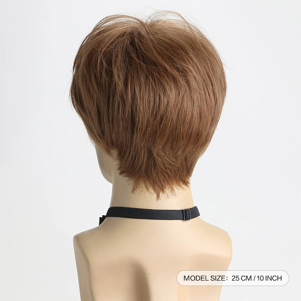 10 Inch Hair Short Curly Synthetic Mixed Brown Wig For Men Layered Heat Resistant Wigs With Bangs For Daily Halloween Use