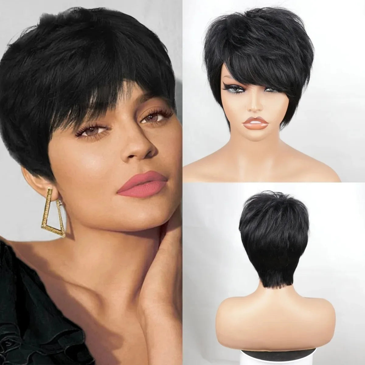 Short Straight Bob Wig Pixie Cut Wig Human Hair For Black Women With Bangs Brazilian Virgin Hair Full Machine  Cheap Wig Black