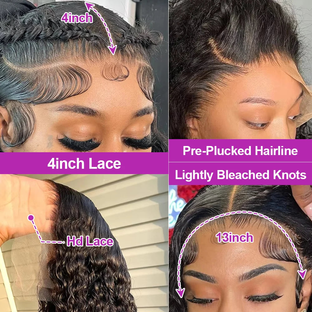 Transparent 250% Density Water Culry 360 Full Lace Frontal Wig Human Hair 40Inch Deep Wave 13x4 13x6 Hd Lace Front Wig For Women