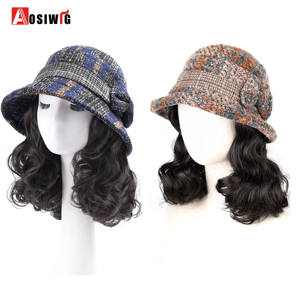 Hat Wig Synthetic Short Curly Wavy Hair Wigs With Hat Fisherman's Cap Wig Hair Extension Black Brown Wig Cap