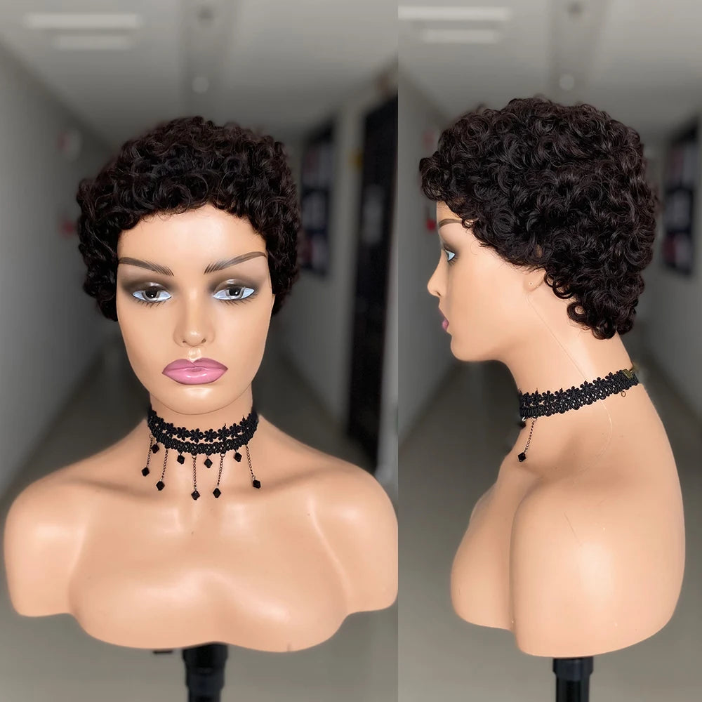 Short Curly Pixie Cut Human Hair Wigs For Women Full Machine Made Short Kinky Curly Wigs Human Hair Natural Black Color