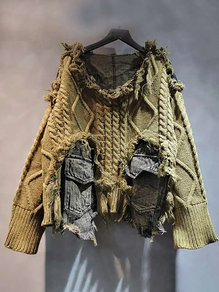 DEAT Women Pullover Long Sleeve Irregular Do Old Patchwork Pockets Vintage Washed Denim Sweater 2026 Summer New Fashion 29L8195