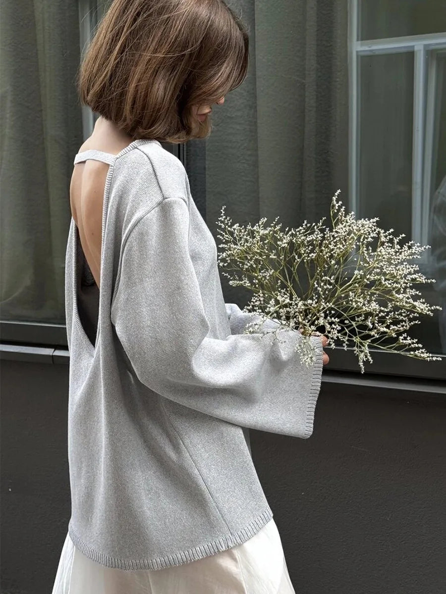 Tossy Female Backless Loose Knitwear Sweater Solid Casual Elegant Long Sleeve Patchwork Commute Clothes Women's Knit Pullover