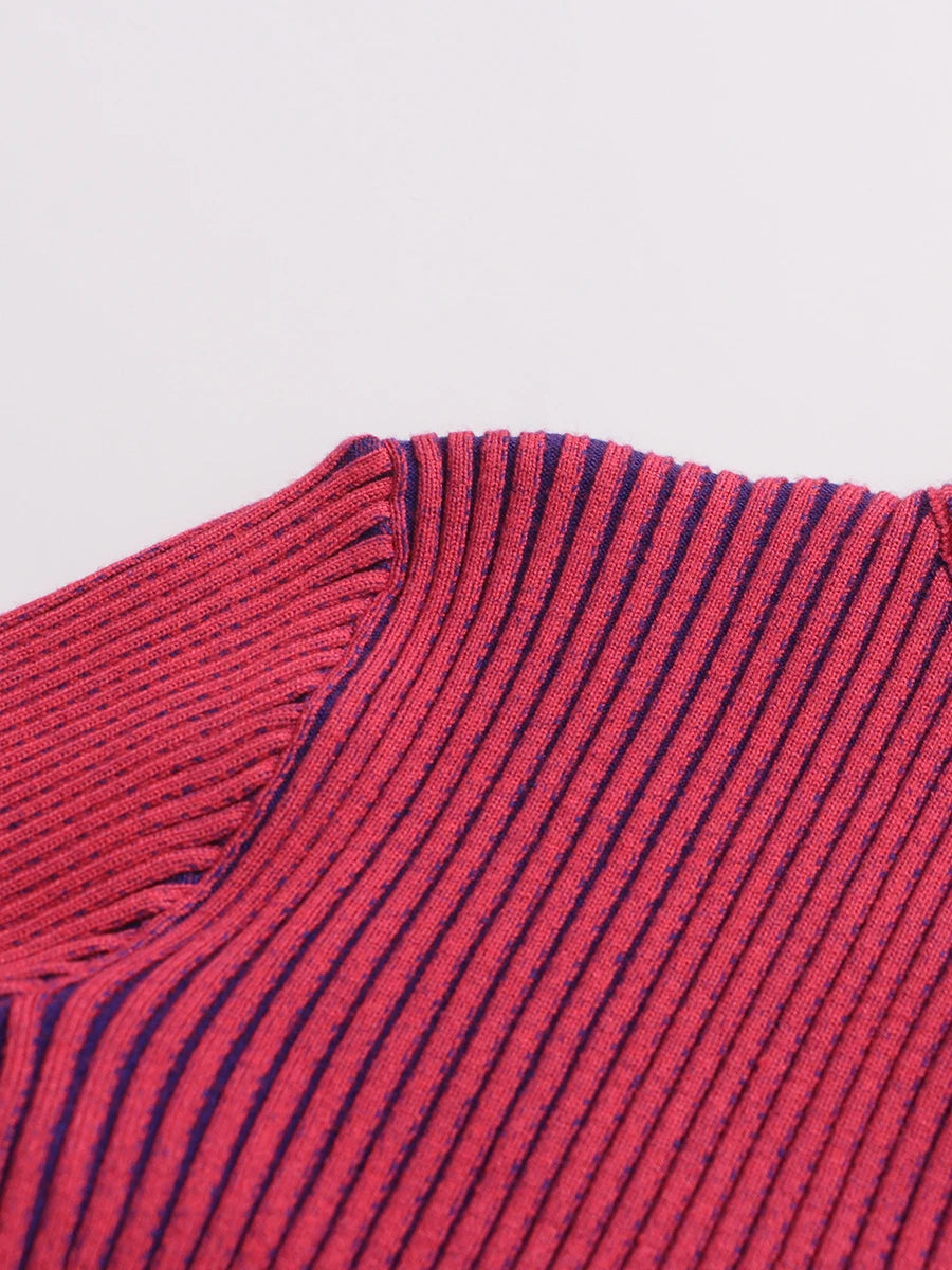 TWOTWINSTYLE Hit Color Spliced Striped Fashion Sweaters for Women Stand Neck Long Sleeves Patchwork Ruffles Sweater Female New