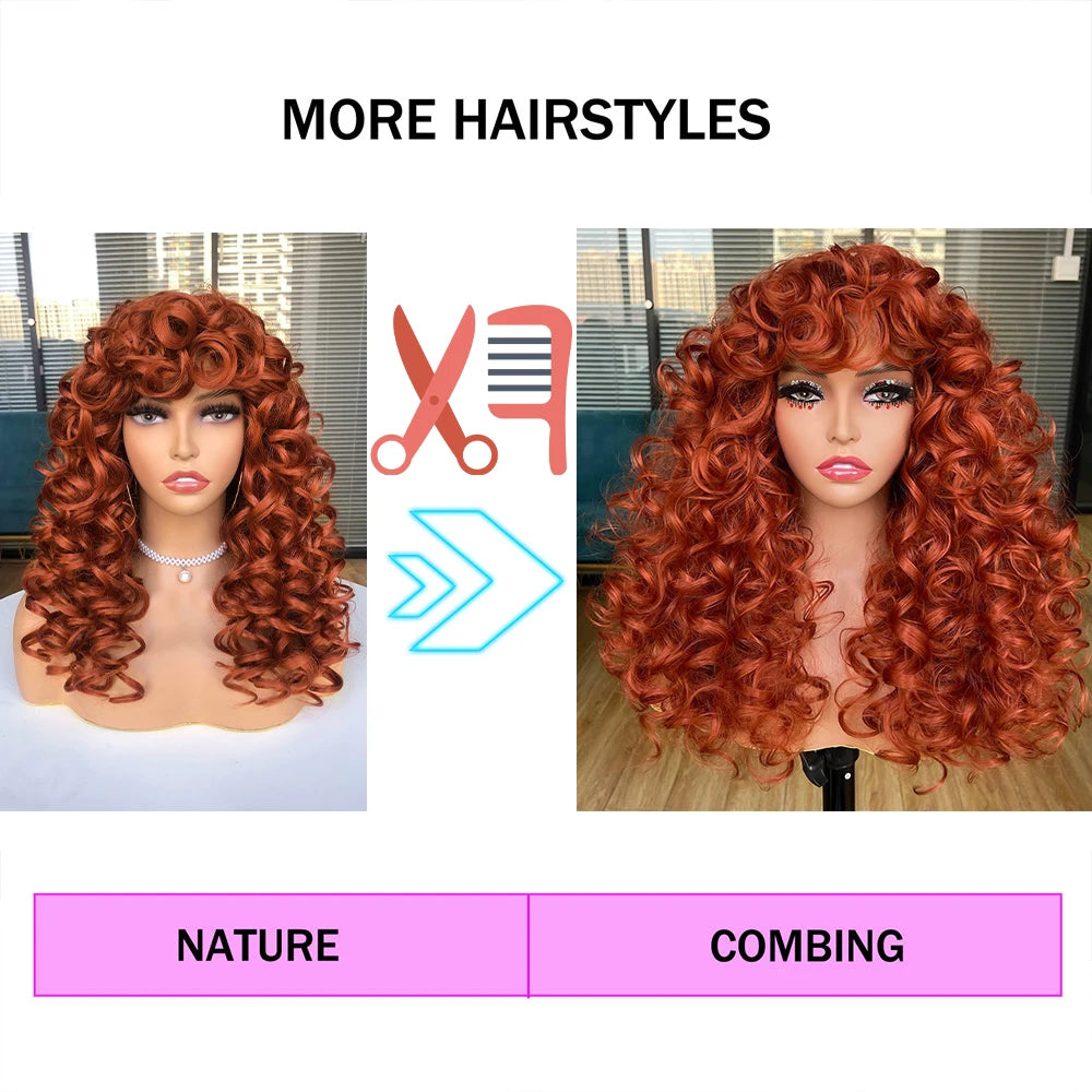 Red Ginger Wig for Women Long Curly Wave Wigs with Bangs Copper Synthetic Wig Natural Cosplay Party Heat Resistant Hair Hihoo