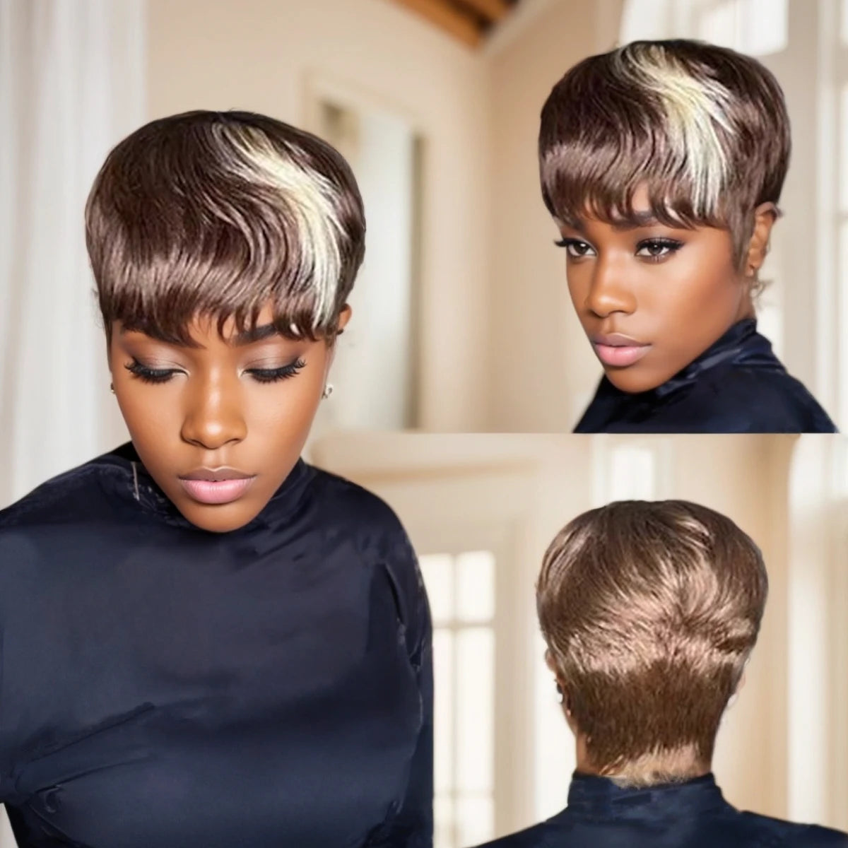 WIGERA Highlight Synthetic Short Straight Pixie Cut Hair Bob Wig Ombre Honey  Light Bronw Mix Black Layered Hair Wigs For Woman