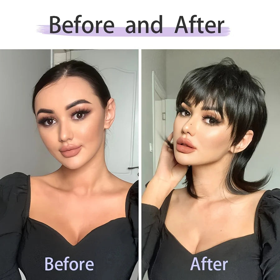 StrRid Short Black Wig Shaggy Layered 80s Mullet Wig Pixie Cut Wig With Bangs Curly Synthetic Natural Fake Hair Replacement Wigs