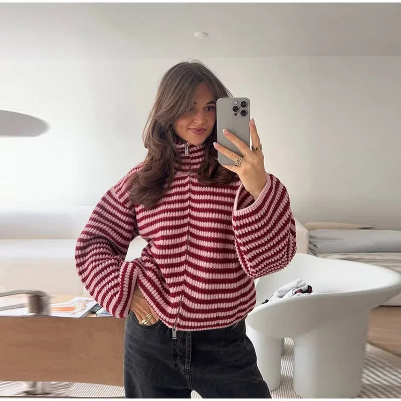 Women's Sweater Knitwear Striped Pullover Pulls Femmes Color Block Blouse O-neck Long Sleeve Loose Knit Sweater 2026 Spring Wear