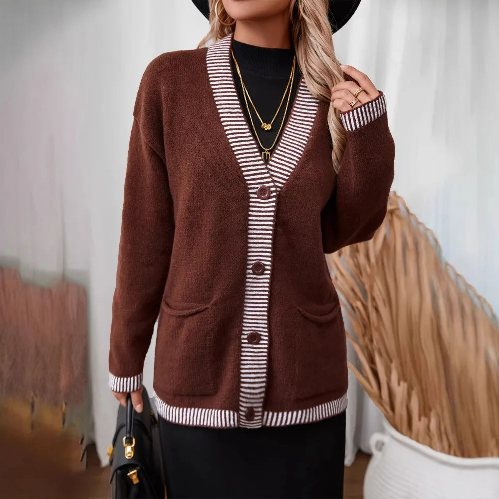 Single Breasted Knitted Jumpers Women Spliced Sweater V Neck Cardigan Casual Loose Fit Print Sweaters Slight Strech Buttons