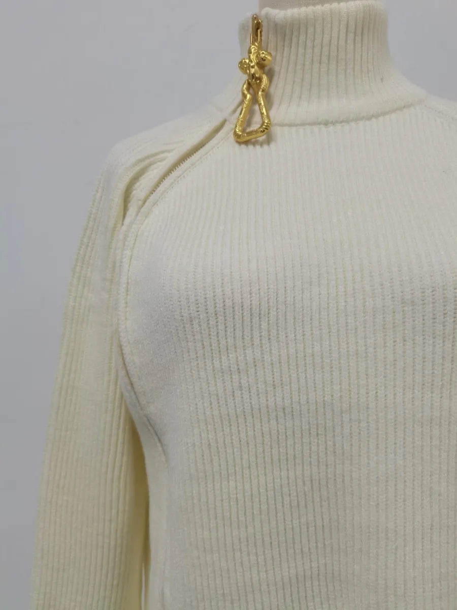 TWOTWINSTYLE Solid Loose Spliced Zipper Casual Sweaters for Women High Neck Long Sleeves Patchwork Embroidery Sweater Female New