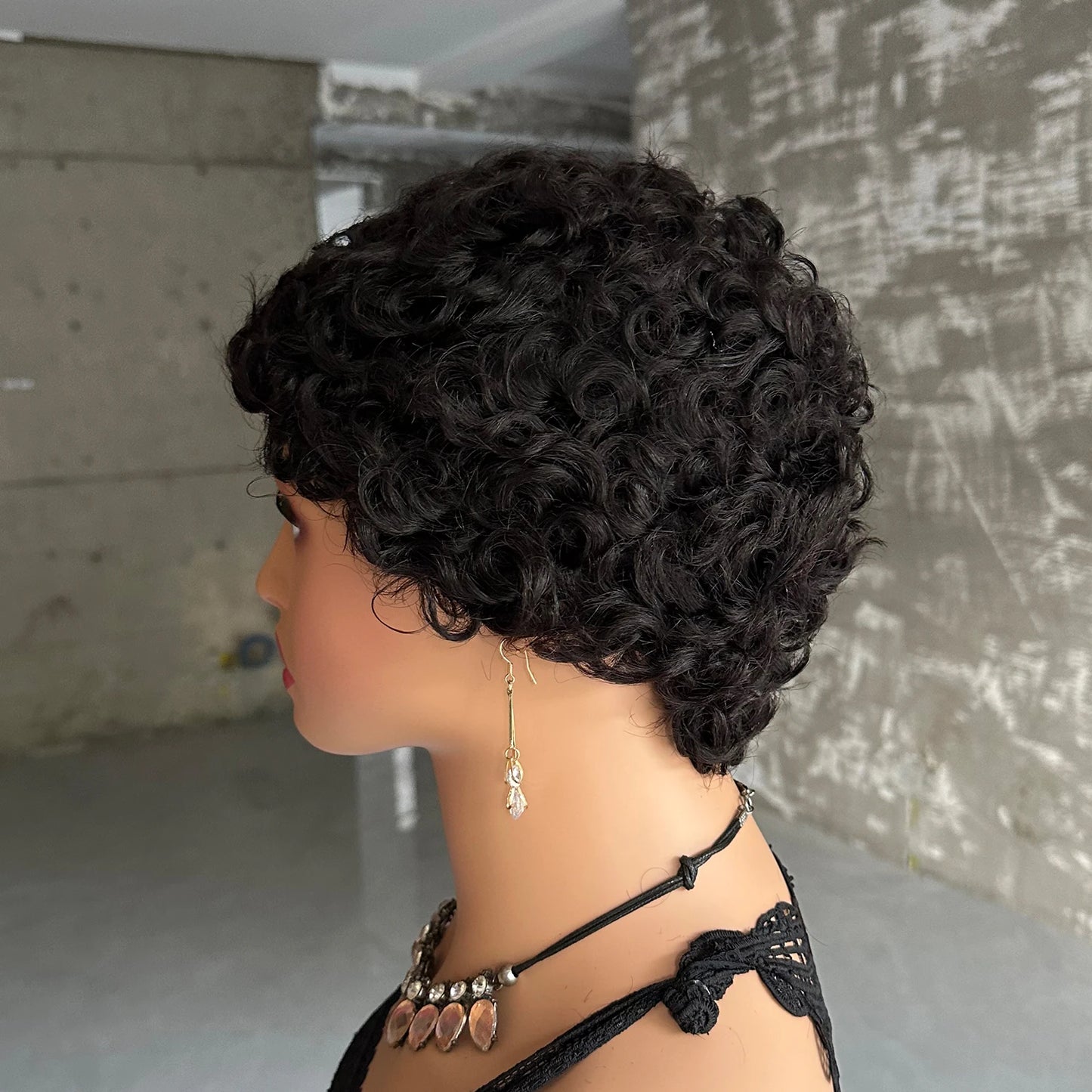 Short Curly Pixie Cut Human Hair Wigs For Women Full Machine Made Short Kinky Curly Wigs Human Hair Natural Black Color