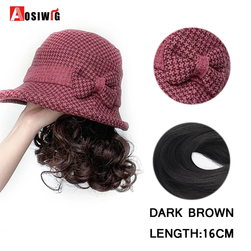 Hat Wig Synthetic Short Curly Wavy Hair Wigs With Hat Fisherman's Cap Wig Hair Extension Black Brown Wig Cap