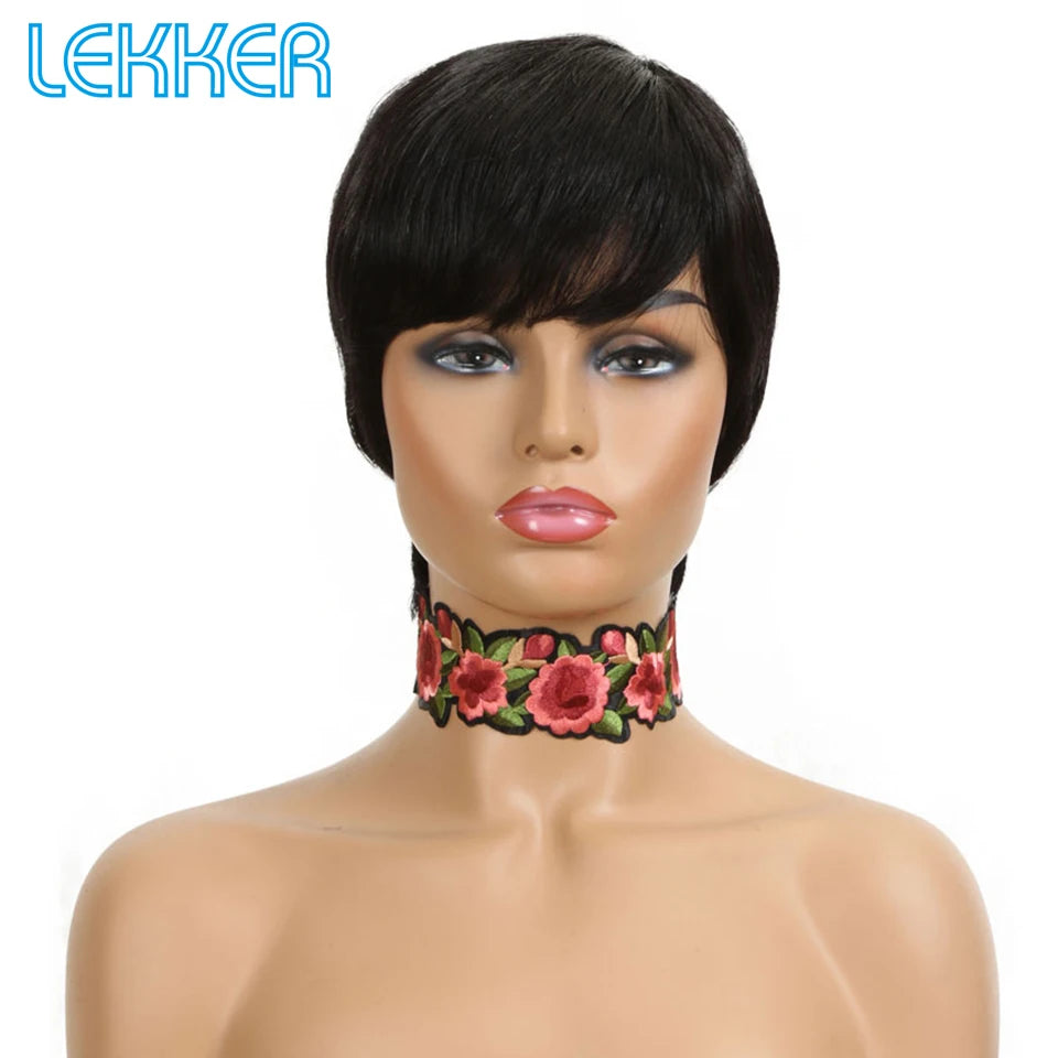 Lekker Clearance Short Pixie Cut Straight Bob 100% Human Hair Wig With Bangs For Women Brazilian Remy Hair Nature Daily Wigs