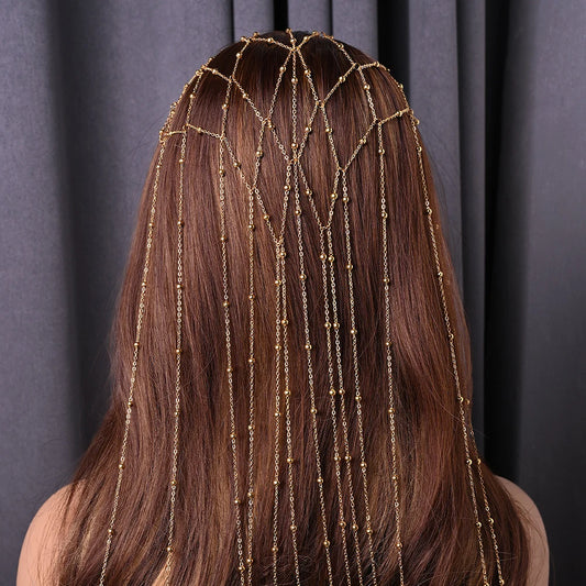 Fashion Mesh Tassel Hair Chain Headpiece Women Wig Decoration 2025 Designer Metal Bead Bridal Headband Hat Wedding Jewelry Gift