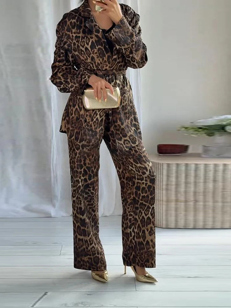 Women's Jackets Pants Animal Printed Suits 2 Piece Set Outwear Belt Lapel Collar Coats Vintage Autumn Woman Clothes