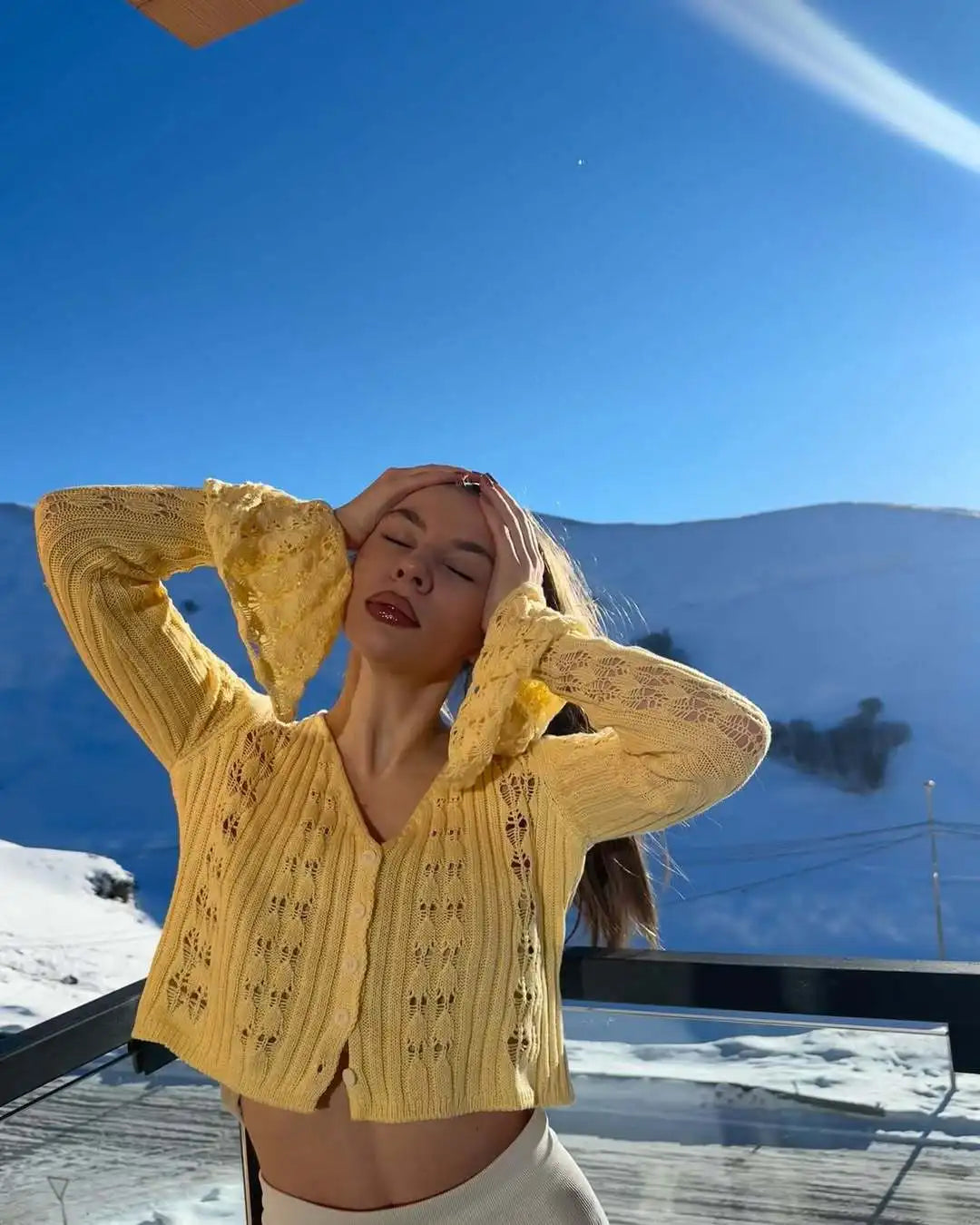 Tossy Knitwear Hollow Out Sweater Cardigan Women V-Neck Long Sleeve See-Through Cropped Top Summer Knit Patchwork Cardigan Top