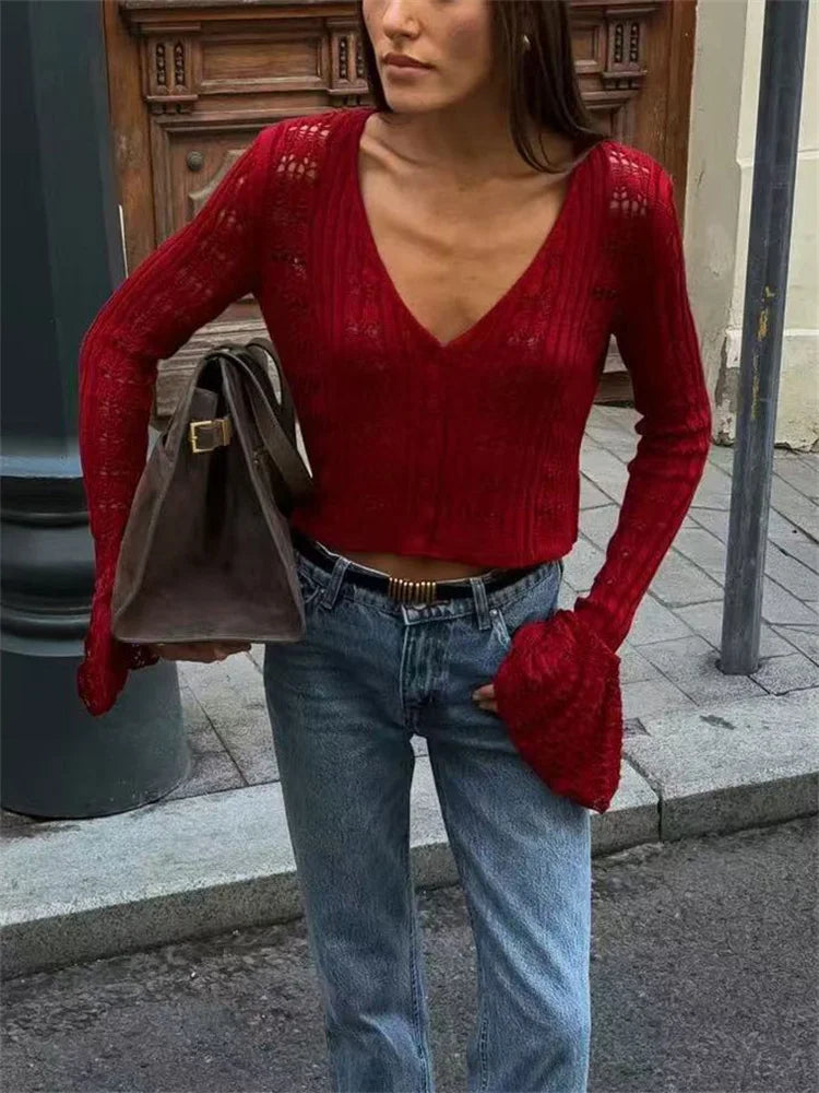 Tossy Knitwear Hollow Out Sweater Cardigan Women V-Neck Long Sleeve See-Through Cropped Top Summer Knit Patchwork Cardigan Top