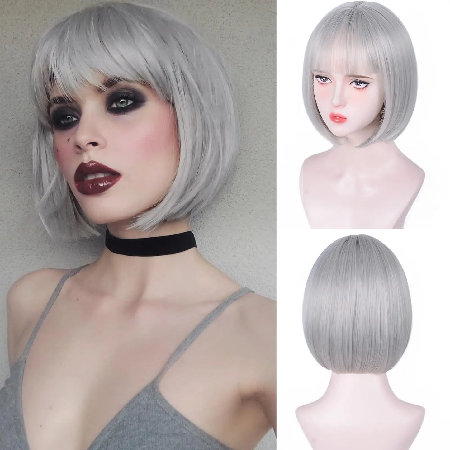 Short bob hairstyle, wine red synthetic wig, Halloween party cosplay wig, daily high-temperature hair accessory wig set
