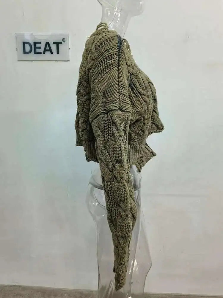 DEAT 2025 Spring Women's Knit Sweater Hollow Out Wash Hole Loose High Street Round Neck Long Sleeve Pattern Pullover 11XX6062