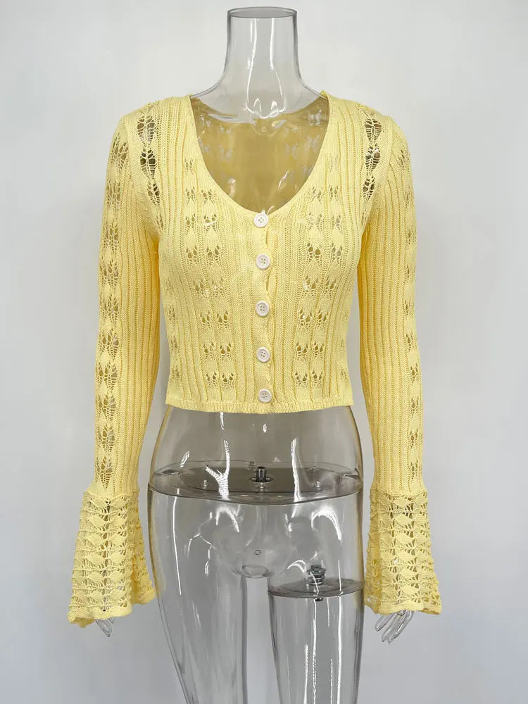 Tossy Knitwear Hollow Out Sweater Cardigan Women V-Neck Long Sleeve See-Through Cropped Top Summer Knit Patchwork Cardigan Top