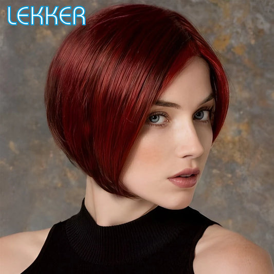 Lekker Burg Red Short Pixie Cut 100% Human Hair Wigs For Women Brazilian Remy Hair Full Machine Made Straight Colored Bob Wigs