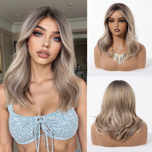 Ombre Blonde Brown Long Body Wave Glueless Synthetic Wig - Middle Part with Highlights